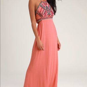 Lulus little Beach Coral Pink Embroidered Maxi Dress